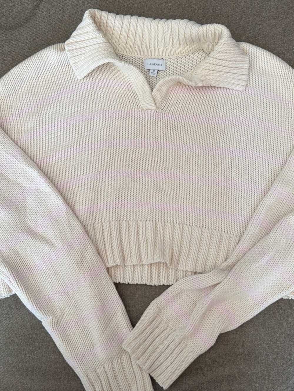 La Hearts Cream Cropped Collared Knit Sweater
